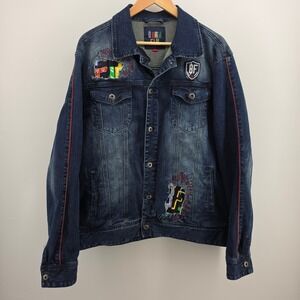 Born Fly Mens Denim Jacket Large Blue Distressed Embroidered Patch Trucker Coat